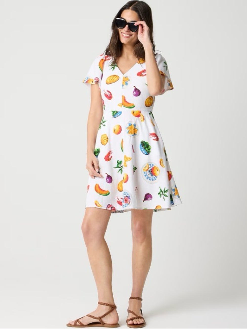 J.Crew Factory Fruit Print Linen Blend Flutter Sleeve Mini Dress White Size 14